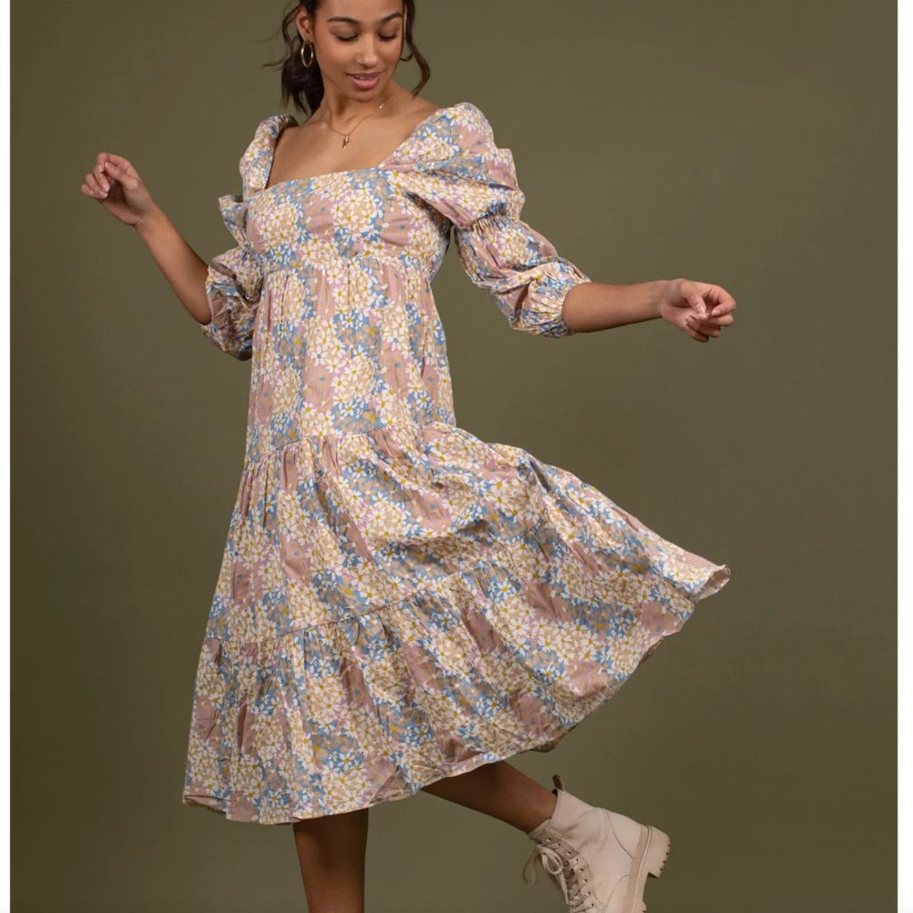 Koodeker Storia Daisy Floral Puff Sleeve Square Neck Midi Dress Sz M NWT